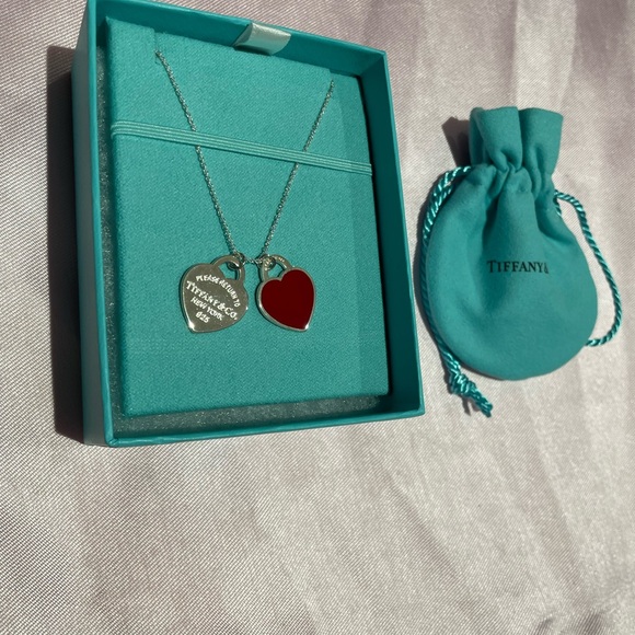 Return to Tiffany Double Heart Pendant Necklace- Red Enamel, Adjustable - Picture 2 of 7